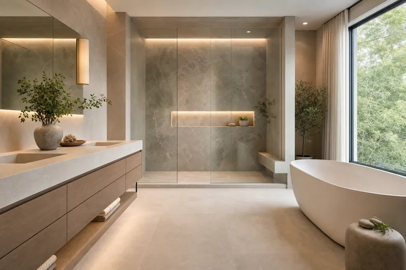 Spa-style bathroom remodel in Queens with freestanding tub and large-format tile