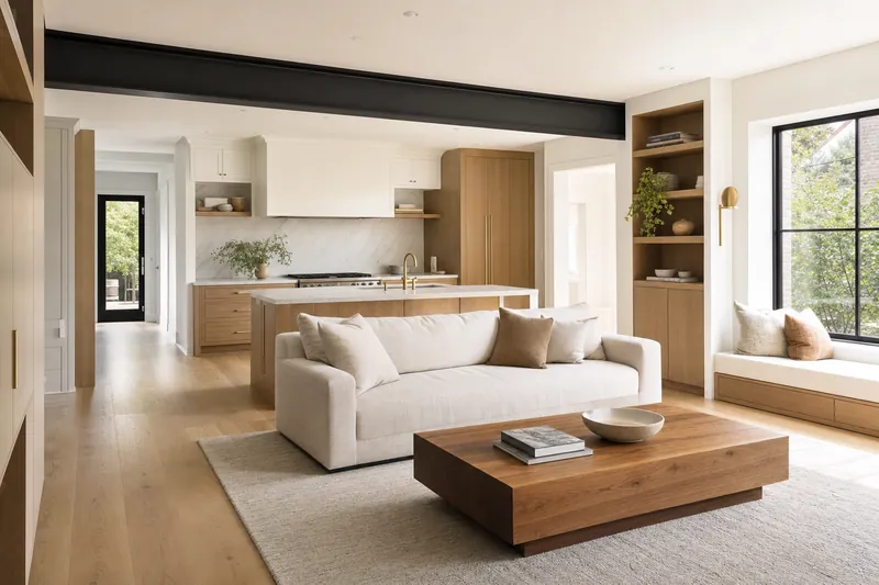 Open-concept gut renovation in Queens with exposed beam and redesigned layout