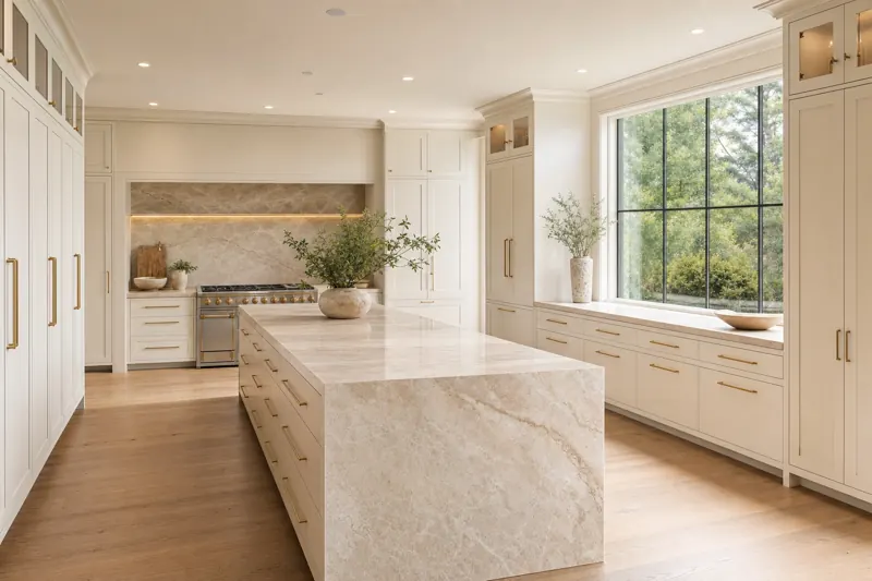 Remodeled kitchen with custom cabinetry and stone counters in a Queens home